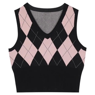 V-neck pullover contrasting short vest V领套头撞色短款马甲女
