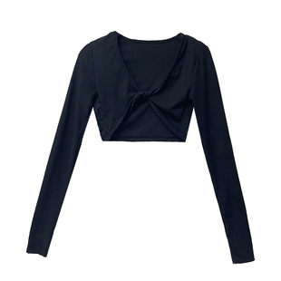 YAMMYUKI深v美式复古爵士紧身性感上衣露肚脐黑色长袖内搭罩衫t恤