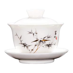 德化白瓷三才盖碗泡茶杯羊脂玉带盖功夫喝茶碗茶具大小号单个高档