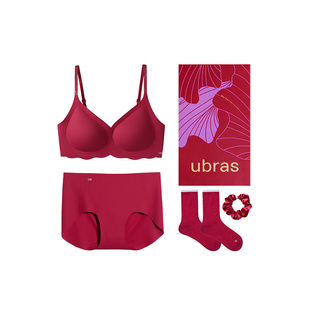 ubras红盒无尺码本命年v领浪花红色吊带文胸罩内衣女内裤套装