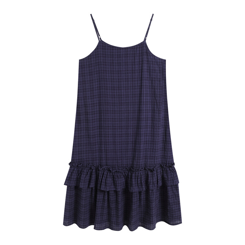 弥古复古蓝色格子吊带裙宽松法式连衣裙女外穿春季背带裙内搭长裙