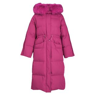 竹依依玫紫色狐狸毛领连帽羽绒服女冬季加厚长款过膝90白鸭绒外套