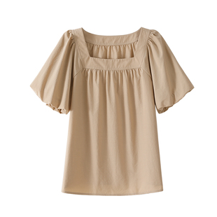 OSA欧莎复古方领衬衫上衣女2025夏季新款遮肉显瘦泡泡袖雪纺小衫