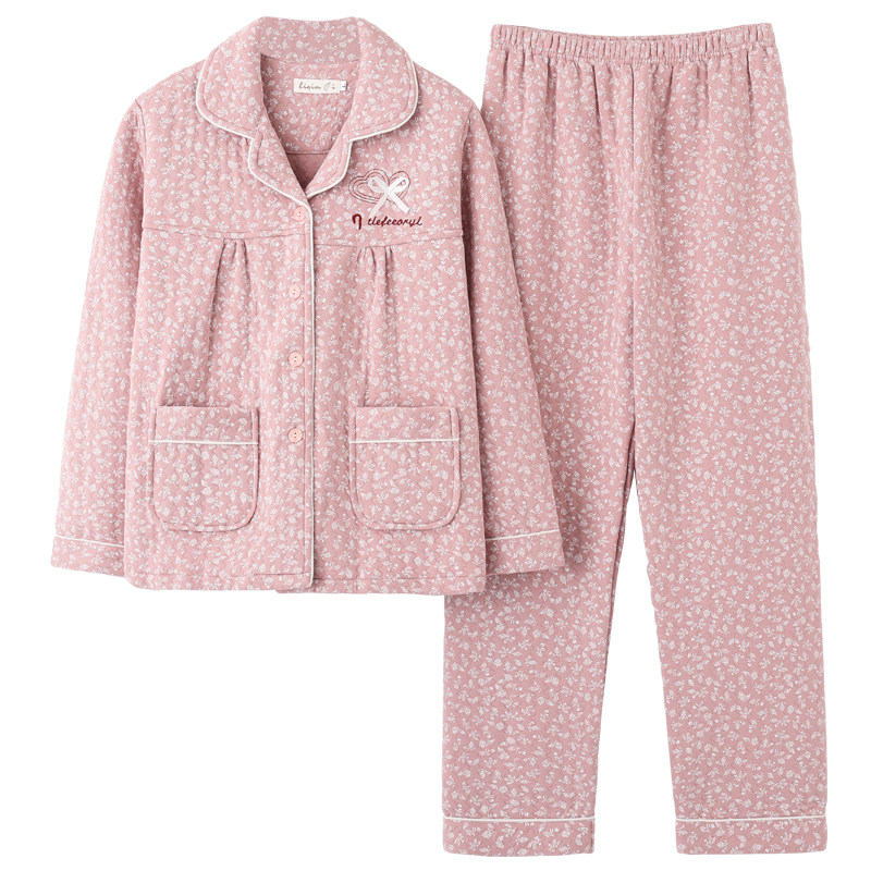 春秋女士睡衣100%纯棉长袖加厚冬款薄夹棉夹层女中老年大码家居服