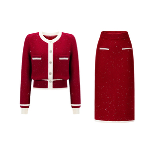 CHICHY经典款红色小香风针织套装女秋季款显瘦开衫半身长裙两件套