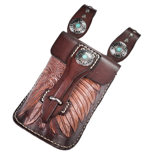 酋长腰包男手工雕刻美式机车复古头层牛皮手缝手机包马术骑马装备