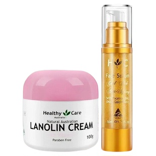 澳洲Healthy care羊胎素金箔面部精华hc绵羊油VE面霜套装淡化细纹