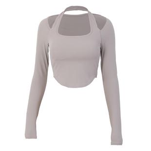 耐吉奥带胸垫运动长袖女假两件时尚健身穿搭短款露脐显瘦上衣秋季