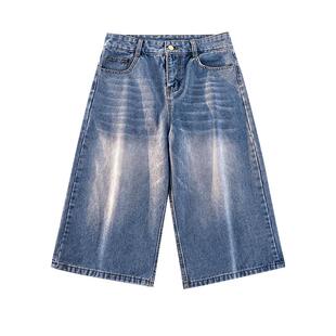 牛仔七分裤男款夏季宽松8八分短裤休闲运动马裤潮牌阔腿7分中裤子