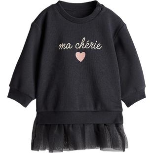 HM童装女婴连衣裙冬季印花圆领长袖印花卫衣薄纱裙公主裙1246188