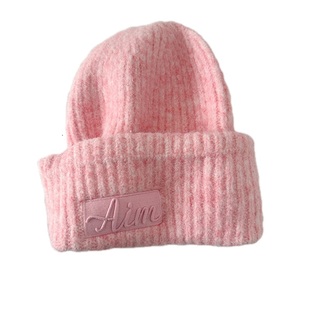 2025新款大头围毛线帽女秋冬显脸小字母针织帽粉色保暖帽子冷帽男