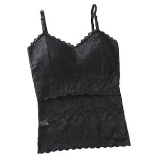 新款防走光自带胸垫免穿文胸吊带背心女长款蕾丝镂空性感打底内衣