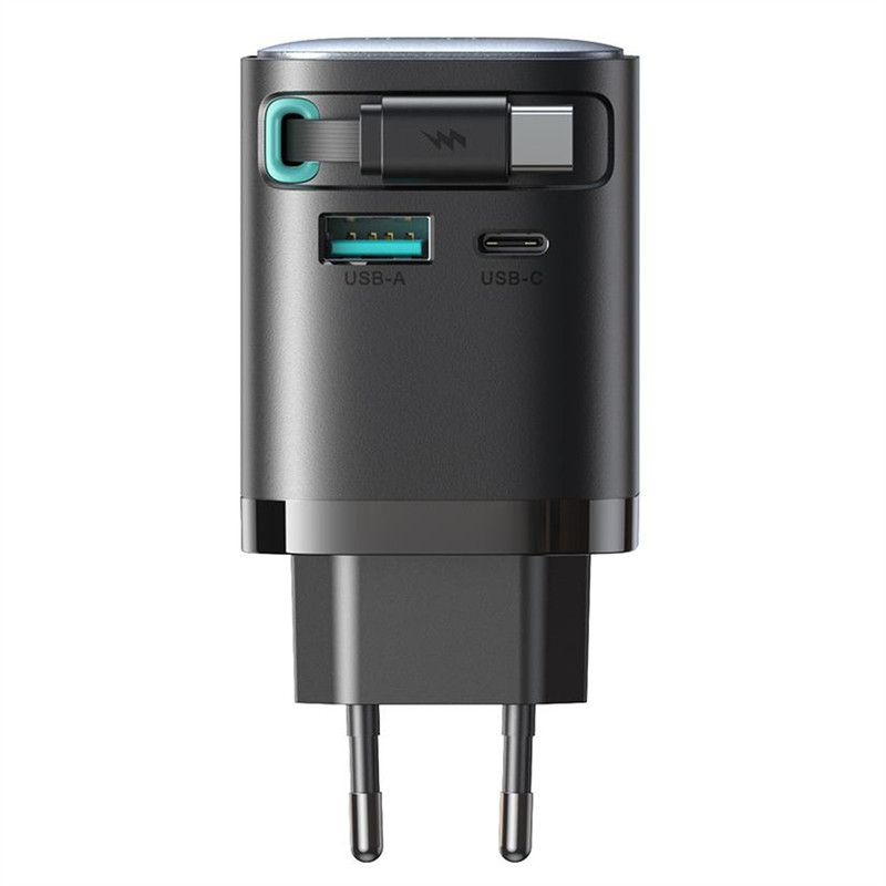 Joyroom 欧标usba+typec双口充电器自带USB-C拉伸收缩线圆插脚快充头适用于iPhone18171615苹果C口三星笔记本