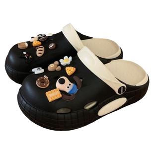 细细条 情侣ins可爱狗狗洞洞鞋夏韩版学生户外防滑厚底凉拖鞋男女