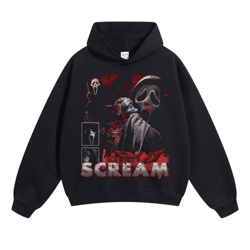 惊声尖叫Scream惊悚印花ins喷涂戴帽长袖VINTAGE宽松纯棉连帽卫衣