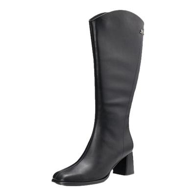 康莉牛皮时装靴粗高跟后拉链长筒