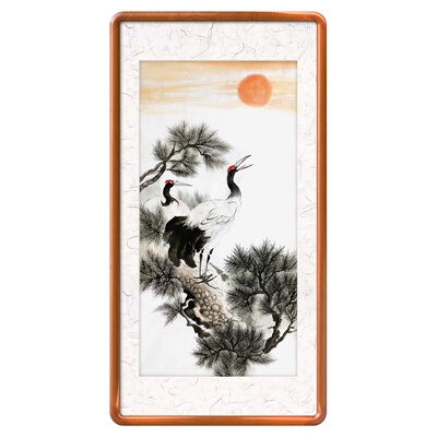 松鹤画 手绘松鹤延年挂画 太阳画 传统祝寿图 双鹤松柏图 仙鹤画