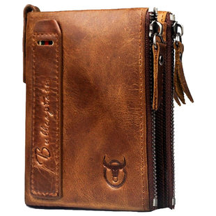 牛船长男士真皮短款钱包多卡位头层牛皮钱夹收纳拉链复古竖款银包