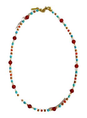 天然南红玛瑙绿松石橄榄核白贝壳原创设计红白蓝色串珠项链