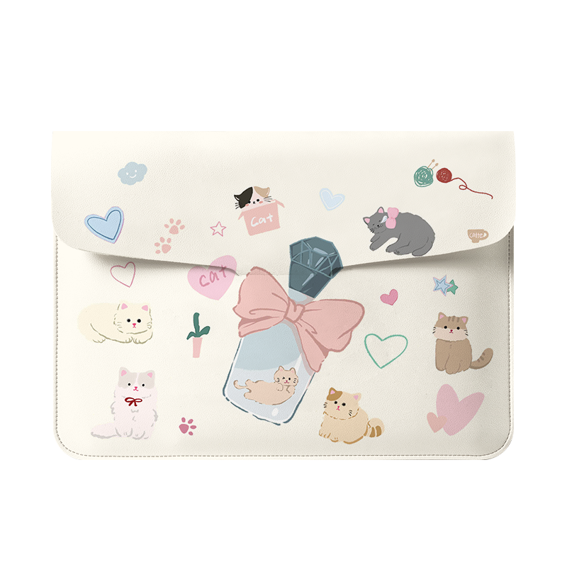 可爱猫咪插画笔记本电脑包女新款适用于华为matebook14保护套联想小新pro16便携包苹果macbook15.6翻盖内胆包
