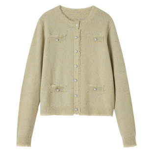 思诺芙德亮片小香风绵羊毛开衫女25秋新款圆领花纱针织毛衣短外套