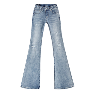 26年春季欧美新款低腰浅蓝色复古磨破洞乞丐加长大喇叭牛仔裤女式