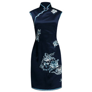 品尚华服大气显瘦修身藏青真丝刺绣量身定制短旗袍女宴会年会礼服