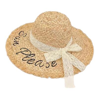 蕾丝蝴蝶结拉菲草大帽檐草帽女