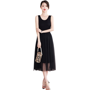 莫代尔吊带背心连衣裙女春夏内搭网纱裙子a字中长款打底黑色长裙