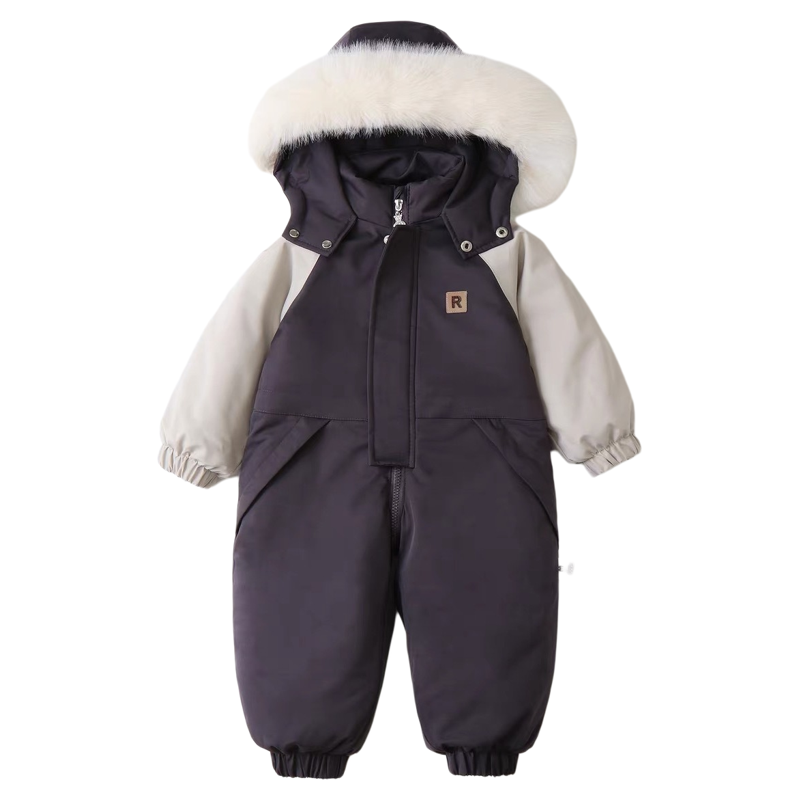 连帽拼色薄款加绒儿童滑雪服宝宝连体衣外出服2025冬季新童装爬服