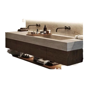 侘寂风浴室柜中古风大理石日式洗手盆柜组合双台盆洞石一体盆定制