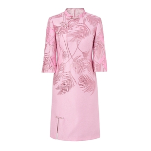 专柜正品马天奴2025秋季新款粉色提花立领连衣裙子新中式旗袍气质