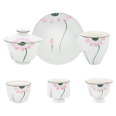 景德镇十一窑粉引荷花陶瓷茶具