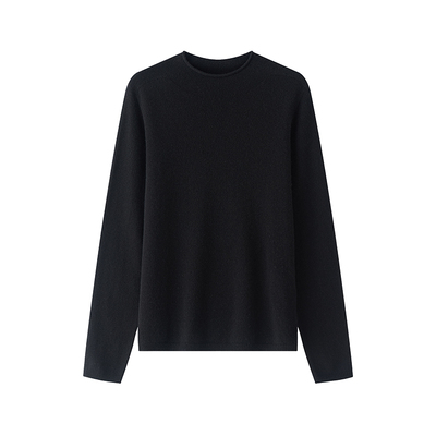 无缝一体半圆领卷边领羊绒衫