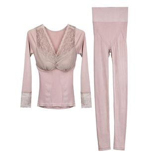 秋衣秋裤女套装带胸垫低领蕾丝美体修身冬莫代尔柔软舒适保暖内衣