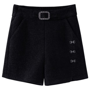 水貂绒短裤女春秋2025新款高腰宽松显瘦百搭黑色平绒外穿开叉靴裤