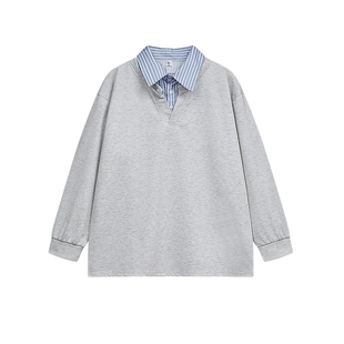 悟空有货复古假两件拼接翻领卫衣男秋季潮牌宽松情侣休闲套头上衣