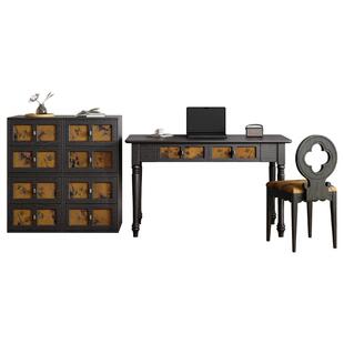 岚鸿黑色全实木书桌书柜组合香云纱桌白蜡木办公桌轻奢电脑写字桌