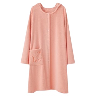 洁丽雅10A抑菌自在熊猫珊瑚绒连帽浴袍女冬季加绒加厚长款家居服