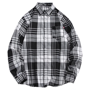 春秋棉质磨毛格子男长袖衬衫宽松休闲青年薄款衬衣秋装外搭褂子男