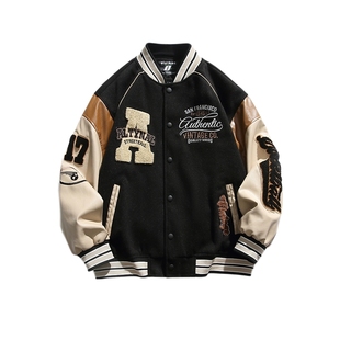 悟空有货美式复古字母植绒拼接棒球服男嘻哈宽松百搭潮流夹克外套