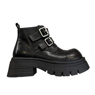 东大门气质御姐~韩系冬季加绒皮带扣厚底高跟短靴瘦瘦靴女马丁靴