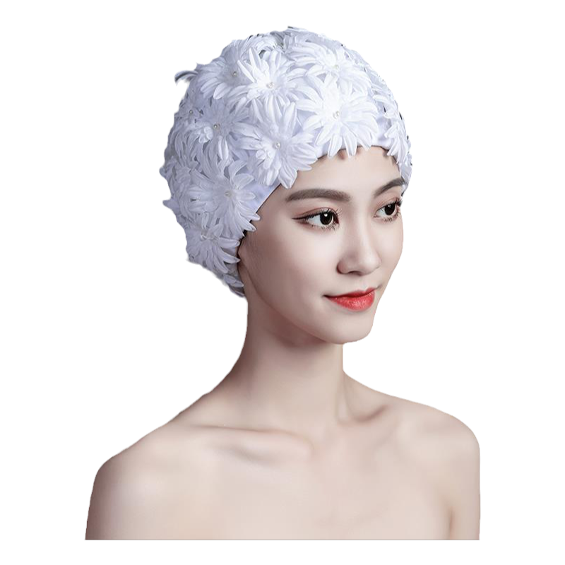 泳帽女成人硅胶珍珠花立体缝制黑白双色不勒头双层布料游0111n