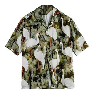 马登工装复古港风仙鹤花衬衫古巴领浮世绘天丝夏威夷短袖衬衣男夏