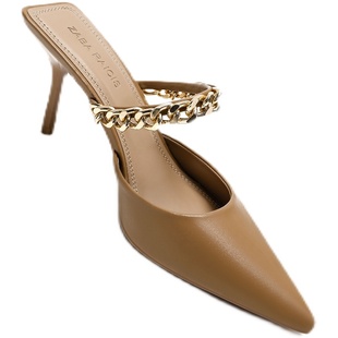 ZA家2022春季新款链饰尖头玛丽珍高跟鞋棕黑色细跟百搭修脚凉拖鞋