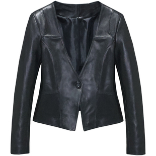 头层绵羊真皮皮衣女修身短款青年简约无领休闲西装职业西服外套靳