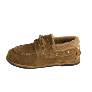 头层牛反绒女士复古板鞋 皮毛一体保暖休闲鞋 加绒平底棉鞋冬k