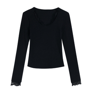 pusumede 心动crush 蕾丝拼接U领打底衫女修身针织长袖T恤上衣