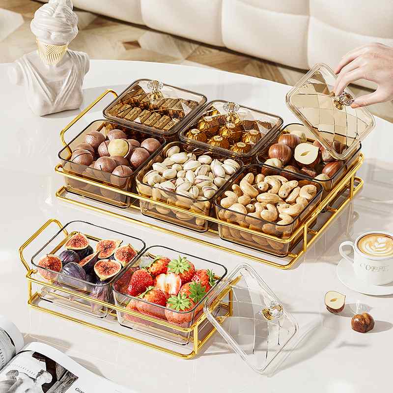 分格果盘糖果盒轻奢透明带盖加托盘客厅家用零食干果碟塑料点心盘