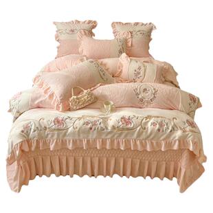 高档轻奢刺绣A类牛奶绒四件套保暖床单夹棉床盖公主风被套防静电4